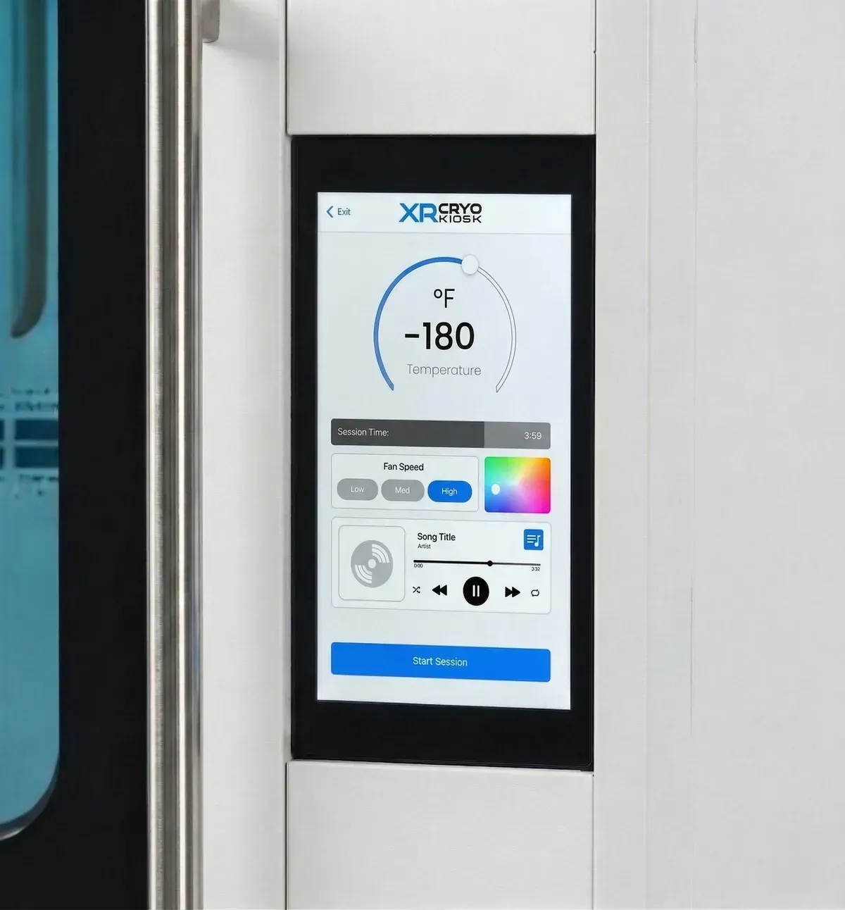 The XR Cryo Kiosk touchscreen: temperature, session time, fan speed and music