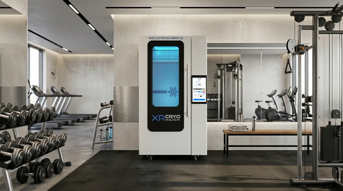 The XR Cryo Kiosk installed on a gym floor